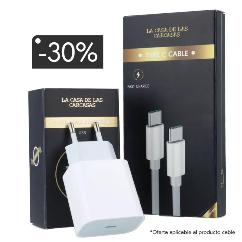 Pack Carga - Cargador carga rápida iPhone + cable Tipo C/Tipo C Pack Carga - Cargador carga rápida iPhone + cable Tipo C/Tipo C